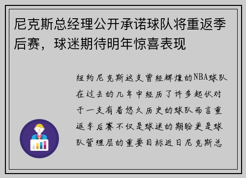 尼克斯总经理公开承诺球队将重返季后赛，球迷期待明年惊喜表现